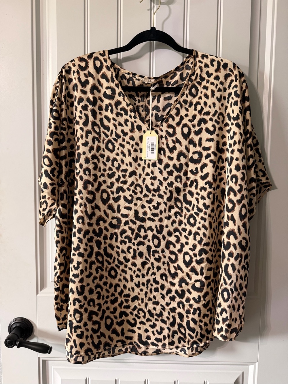 JODIFL Leopard Print V-Neck Short Sleeve Top in Tan and Black - Picture 1 of 5